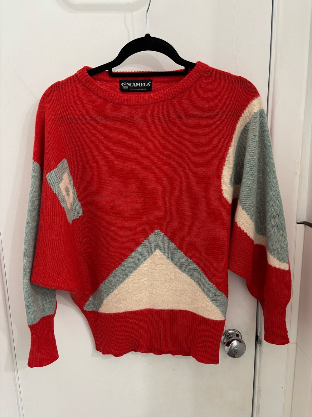 Camela Vintage 100# Lambswool Red Geometric Dolman Sleeve Sweater